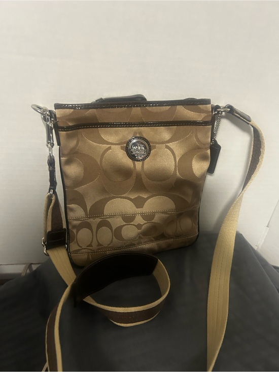 Coach Handbags - Coach Tan Signature Crossbody Bag with Brown Trim